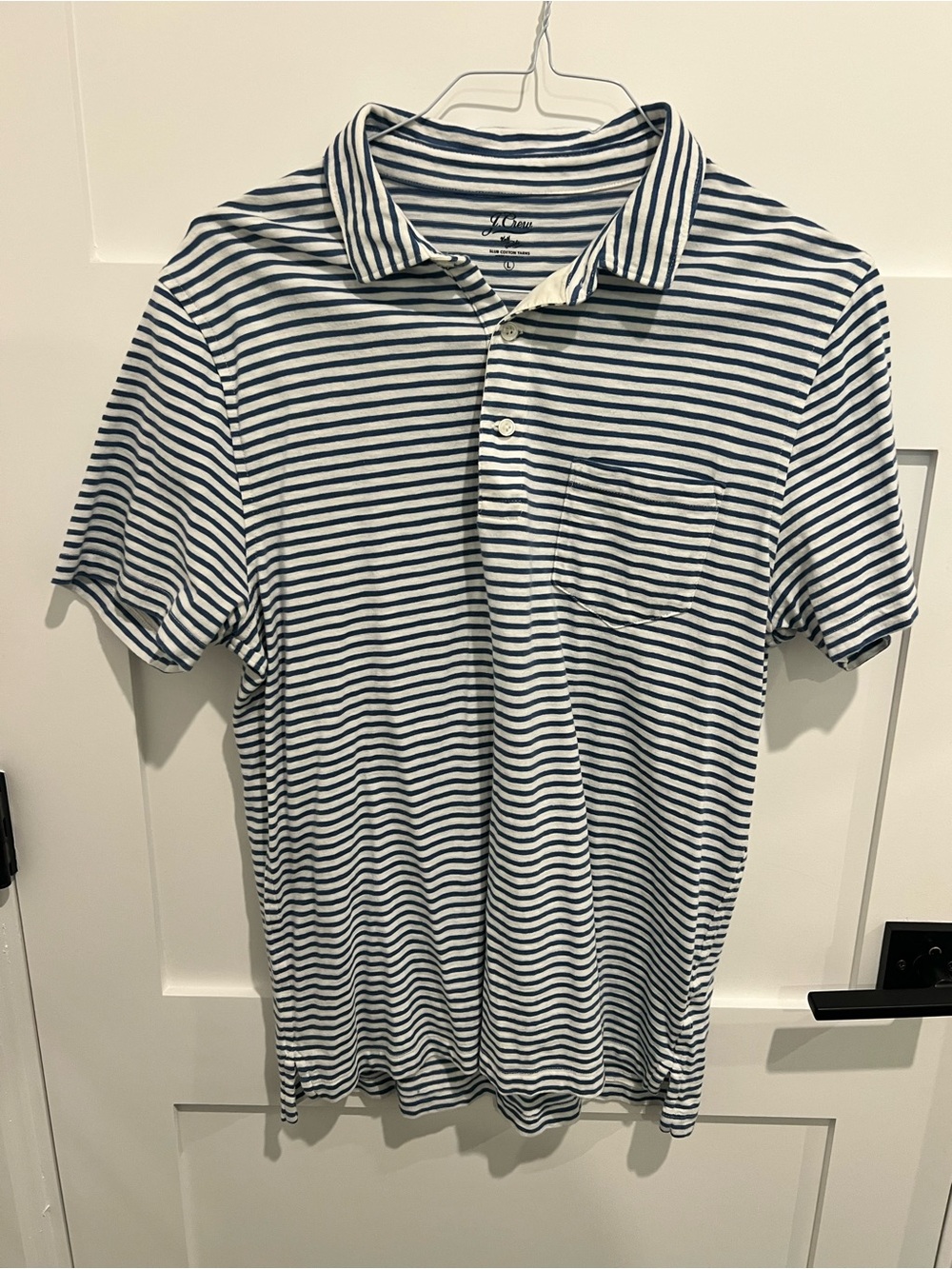 J. Crew Navy and White Striped Polo with Chest Pocket